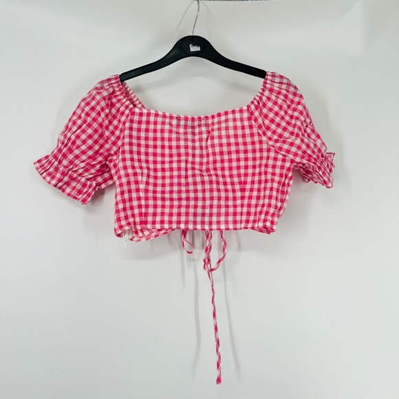 Pink Gingham Plaid Check Short Sleeve Off Shoulder Ruched Crop Top - Picture 9 of 9